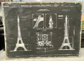 Eiffel Tower Paris France Vintage Oil on canvas Elevation . DIAGRAMMES. EMPLACEMENT A L'EXPOS ON