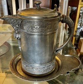 Antique Large Ornate Victorian Meriden Company Silver Plated Water Pitcher and Tray Signed