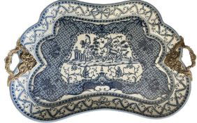 X-Large Castilian Blue & White Porcelain Tray Bronze Handles Monkey’s Scene 32 x 22.5 inches