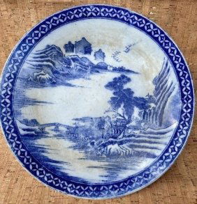 Antique CHINESE Oriental LARGE Hand Painted Blue and White Platter 13.5"