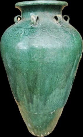 LARGE CHINESE MARTABAN JAR GREEN GLAZE early XX century 27 inches High