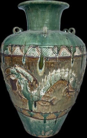 MONUMENTAL FLOOR VASE X-Large Antique Asian Dragon Green Glaze Pot Impressive Heavy 37x23 inches