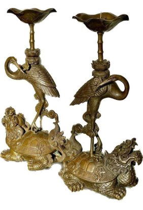 Chinese  BRONZE TURTLES & Storks CANDLESTICKS