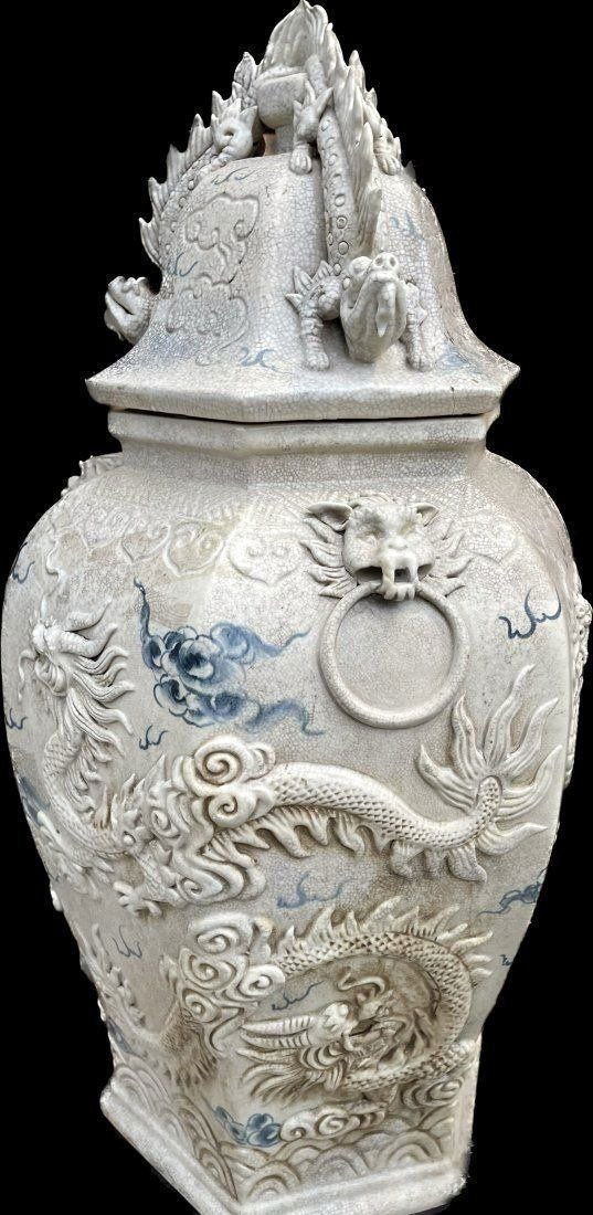 MONUMENTAL FLOOR VASE Antique Chinese Dragon & Lizards Huge Heavy Ceramic Jar Urn 35 inches (1 of 10)