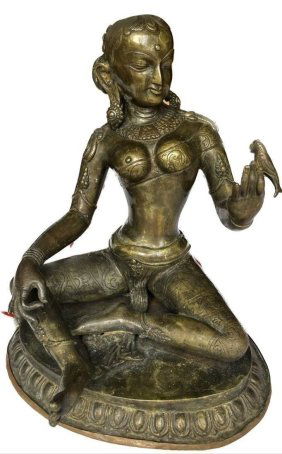 Antique Nepalese Heavy Bronze Statue Meenakshi with Parrot Signed