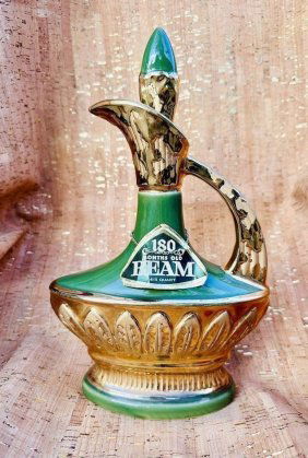 VINTAGE 1967 JIM BEAM OPEN KENTUCKY WHISKEY DECANTER GREEN & GOLD REGAL