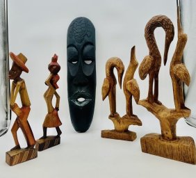 Lot of 5 African and Asian Wood Carved Figures