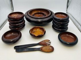 Mid Century Wood Salad Bowl Set (14 Pieces)