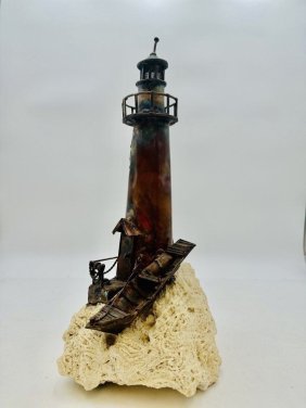 Jim Lewk (French/American) Large original Copper Stone Sculpture of a Lighthouse 15 inches High