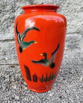 Japanese Porcelain Hand-painted Red Vase with Ducks Marked