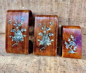 Lot of 3  Huanghuali Scroll End Wooden Stand With Mother Of Pearl