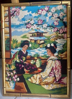 French Tapestry Margot De Paris Asian Japanese Motif Females Sakura Tree  Framed