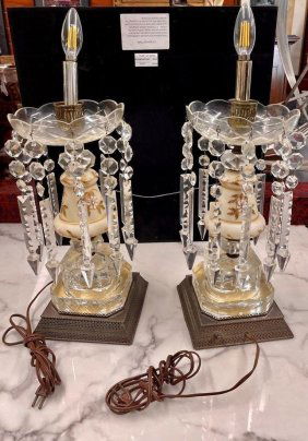 Antique Pair of Crystal Glass Lamps