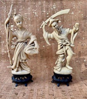 Lot of 2 Antique Chinese Carved Figurines Signed Hong Kong