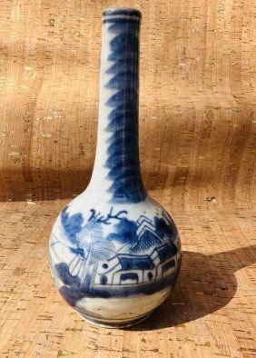 Antique Chinese Blue & White Porcelain Bottle Shaped Vase