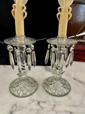Pair of Vintage Cut Crystal Candle Holders with Crystal Prisms 9 inch tall