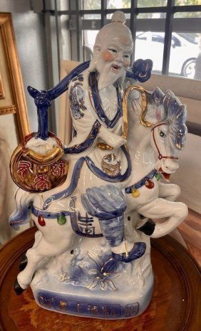 Large Antique Chinese figurine Men on the Horse carrying Fish 15 tall x 12 Signed