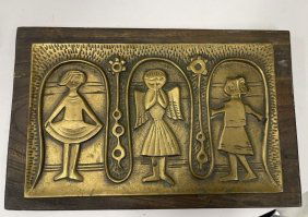 Vintage heavy Bronze Plaque on Wood marked KOREA