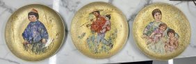Edna Hibel Plotkin (American 1917 - 2014) 3 Oriental Gold 24K hand painted plates Rosenthal Germany