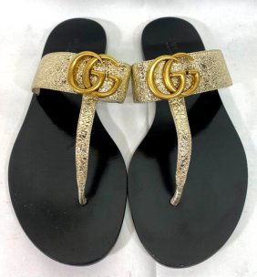 GUCCI Marmont GG Leather Gold Thong Sandals - Size EUR 36 / US 5.5