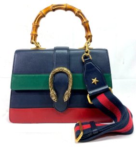 Gucci 448075 Dionysus Bamboo Top Handle Bag Colorblock Leather Black/Green/Red