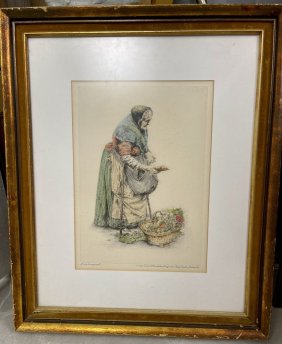 Antique Etching Engraving by Prof. Paul Geissler Color Engraving Pencil Signed