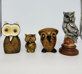 Vintage set of porcelain (3) and wooden owls (1)