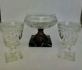 (SET of 3) CRYSTAL BOWL ON BRONZE STAND, MARBLE BASE and 2 HEAVY CUT CRYSTAL WINE/WATER GLASSES