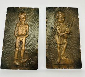 (Set of 2) Bronze Plaques  Boy & Girl Signed I.Papini