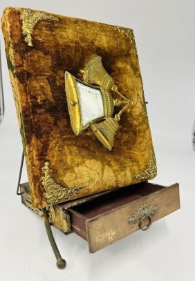 VICTORIAN BRASS AND VELVET PHOTO ALBUM WITH STAND