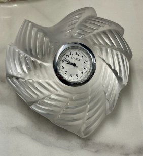 Lalique France Crystal Frosted Heart Clock Paperweight