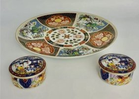 Lot of 3 Large Imari Porcelain plate plus 2 small lided dishes made in Japan