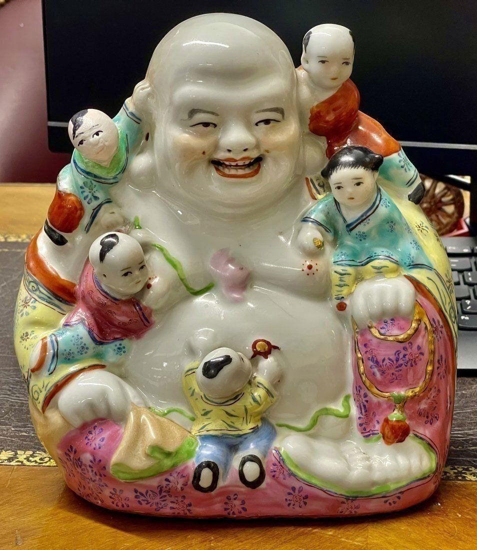 ANTIQUE Chinese Famille Rose Porcelain Figure of Laughing Buddha with children (1 of 10)