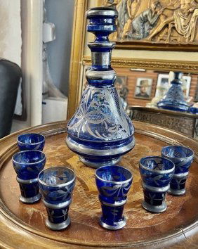 Vodka Set Bohemian Cobalt Silver Overlay  Decanter & 6 shoots