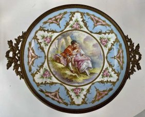 Antique Sevres France Porcelain Plate IN BRONZE courting lovers Signed C.Rochette 10" Dia.