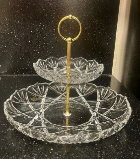 Fine heavy cut Crystal large Two Tired Serving Tray Dish GERMANY never used