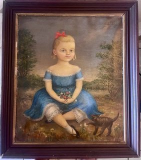 THOMAS ATTARDI (Italian American, 1900-) Oil on canvas  Portrait of a girl with a cat Signed