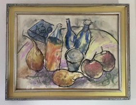 Anatoly Zverev (Russia1931-1986) Still Life w/bottles Fruits Mixed MEDIA Gouache watercolor on Paper