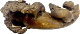 Japanese Carved Wood Okimono Figurine 3 Mouse on a Carrot 7.5" x 2.5"