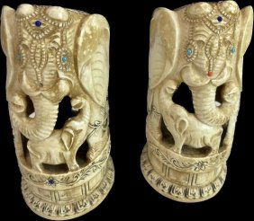 Pair of Antique Chinese Hand Carved Bone Elephants with Turquoise and Coral 6" tall  / 15 cm