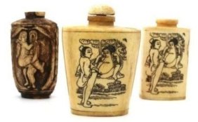 Chinese Hand Carved bone  Snuff Bottles with detailed EROTIC ink drawing
