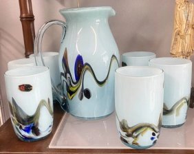 Art Glass RAINBOW Chinese Set Water PITCHER 6 GLASSES UNUSED