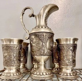GERMANY  Pewter Wine Goblet Set  Stag ELK Marked E.P.U. EUROPE ZINN TIN PETER ETAN
