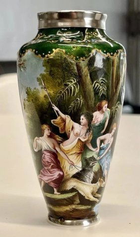Antique PORCELAIN VASE with Sterling Silver NUDES hunting scenery Hand Painted