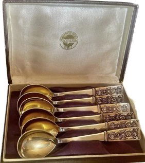Antique Russian Silver STERLING Spoons Gold Wash Marked 875 Ca. 1960 TALLIN Original Box