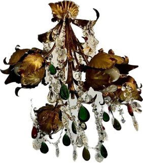 LARGE 4 Lights Gilded Metal  Ceiling Lamp with Glass Teardrops and Crystals
