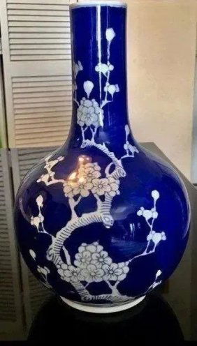 Antique Large Chinese Blue And White Porcelain VASE Signed