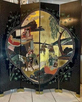 Antique Chinese Lacquer & Gold Folding Screen