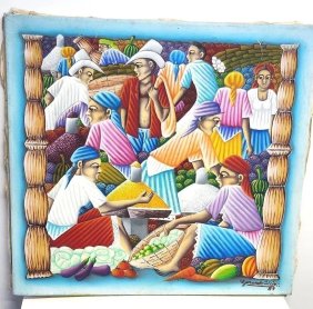 Gerard Valcin Haitian Folk Painting Oil on Board. Signed