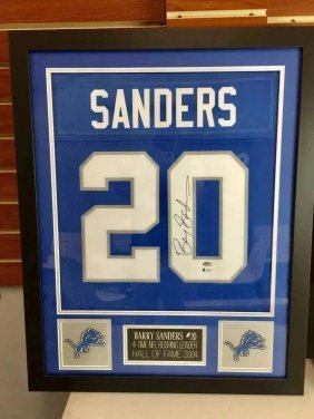 Barry Sanders Autographed and Framed Blue Lions Jersey